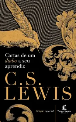 uma mão escrevendo com uma pena em um papel, capa do livro um diabo e seu aprendiz de c. s. lewis